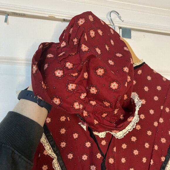 Vintage Handmade Prairie Dress Bonnet Historical Reenactment Calico Red Pioneer - Picture 5 of 13